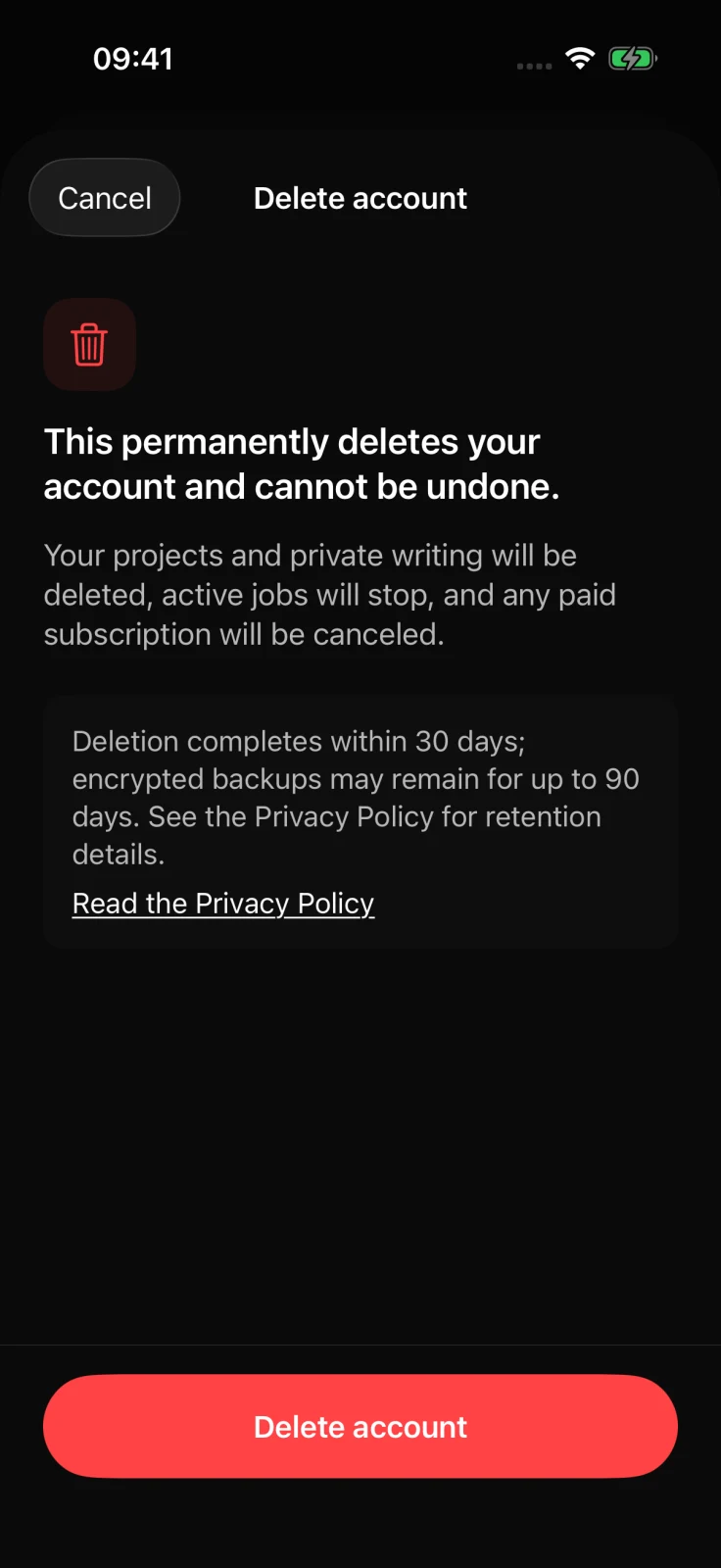Native iPhone account-deletion confirmation with a summary, Privacy Policy link, Cancel, and Delete account action