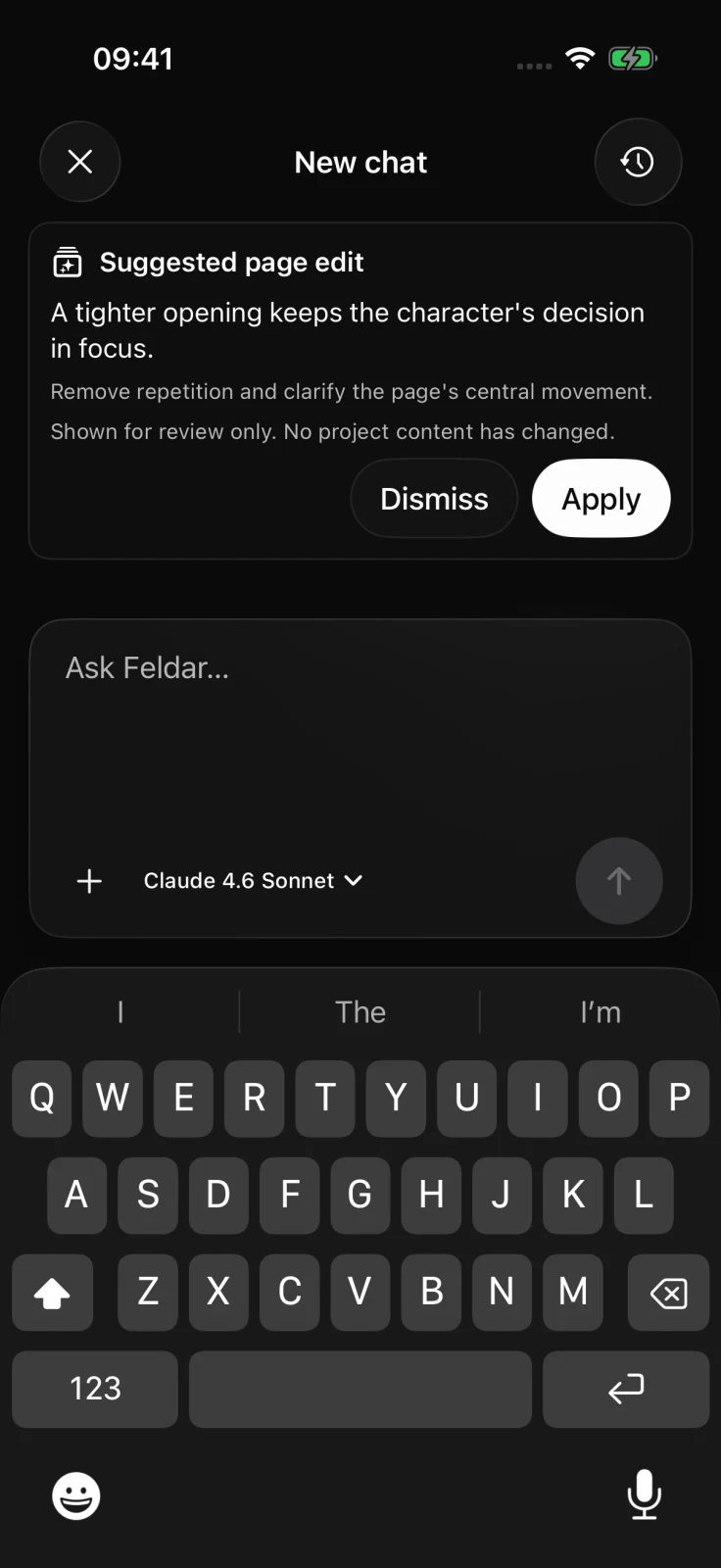 Feldar Chat on an iPhone showing a suggested page edit with Apply and Dismiss actions, model selection, attachments, and the message composer