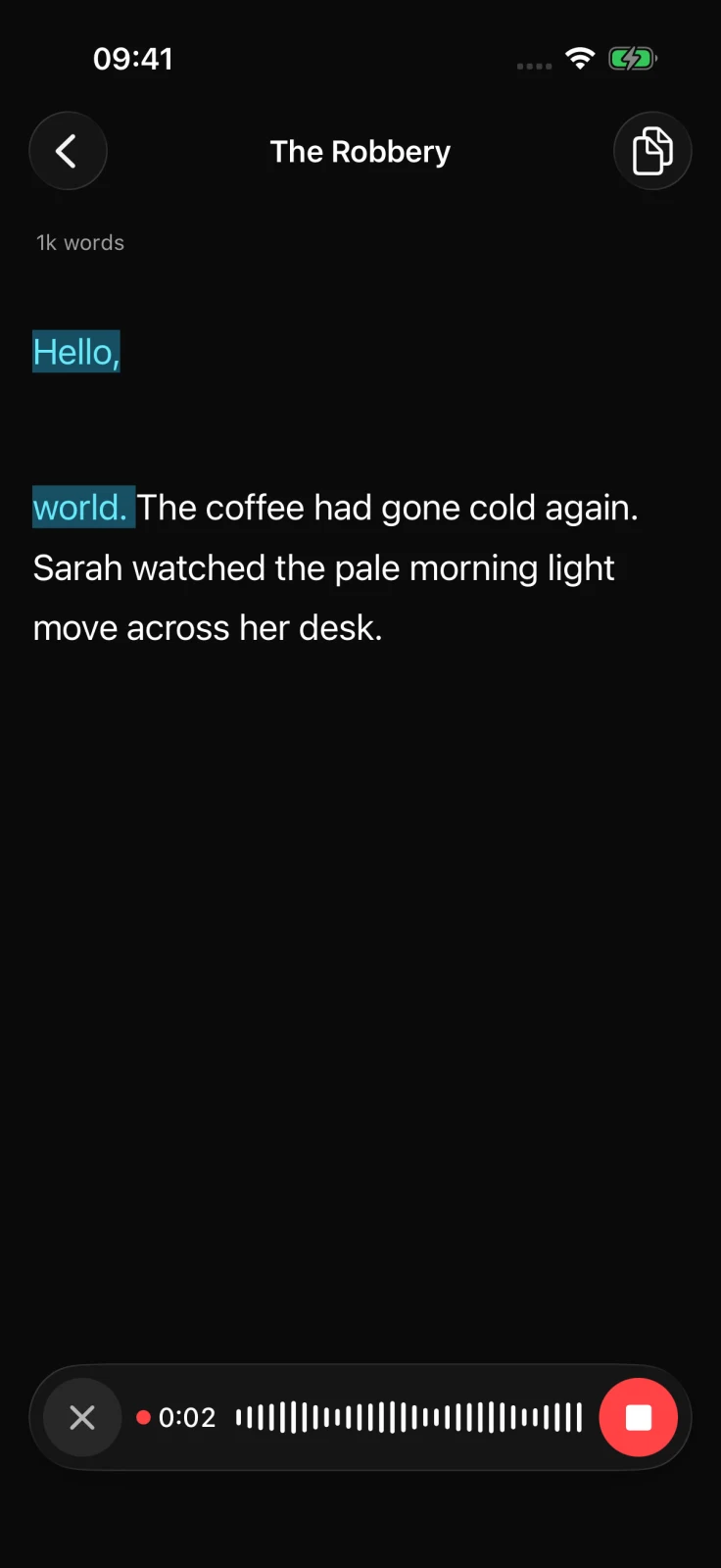 Feldar iPhone editor during on-device dictation with a live transcript, audio activity, and Stop control