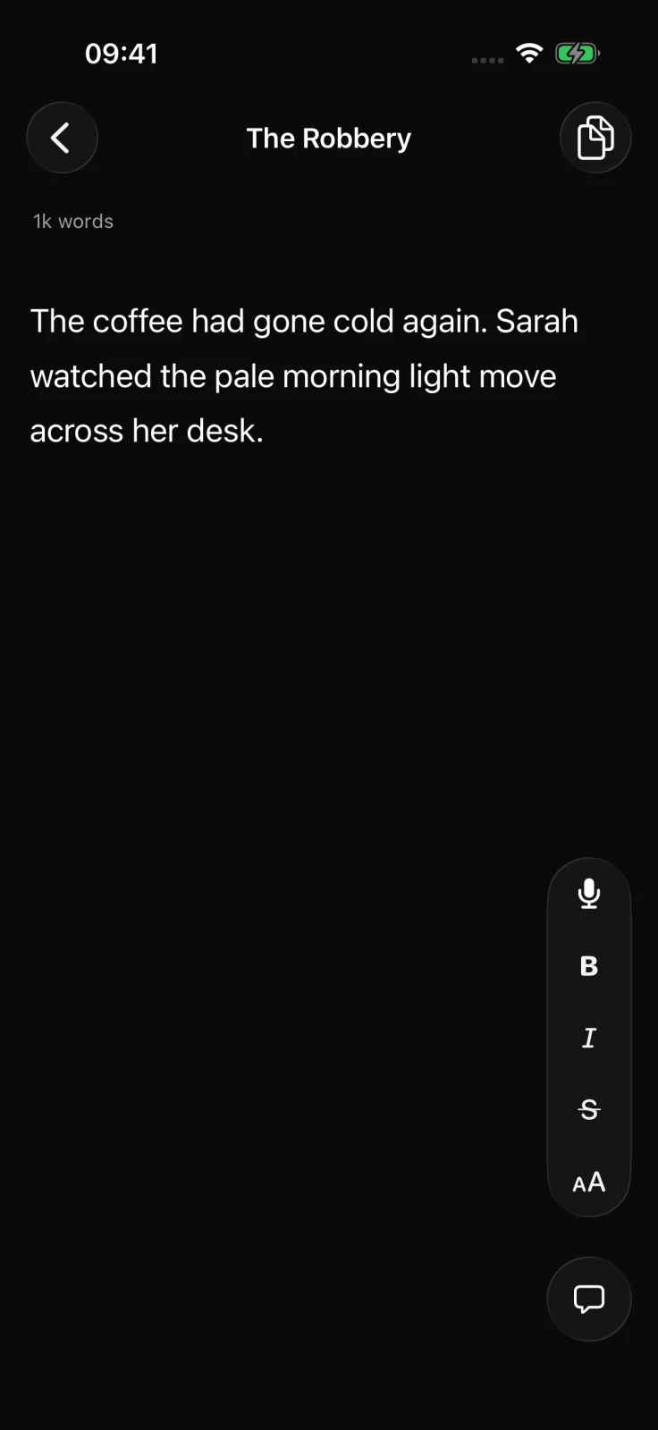 Feldar's iPhone writing editor with page text, word count, compact formatting rail, Pages, and Chat controls