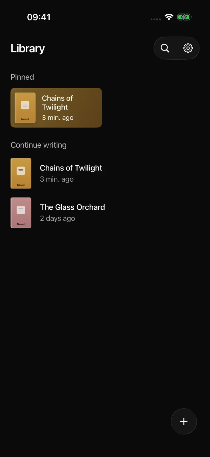 Feldar Library on an iPhone showing pinned project cards, recent projects, Search, Settings, and the create button