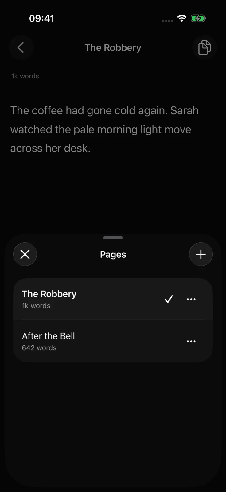 Pages sheet in the Feldar iPhone app with page titles, word counts, a create button, and per-page options