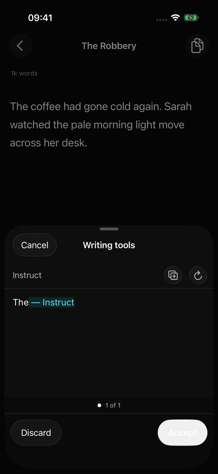 Feldar Rewrite results on an iPhone comparing a generated candidate with highlighted changes and Accept and Discard actions
