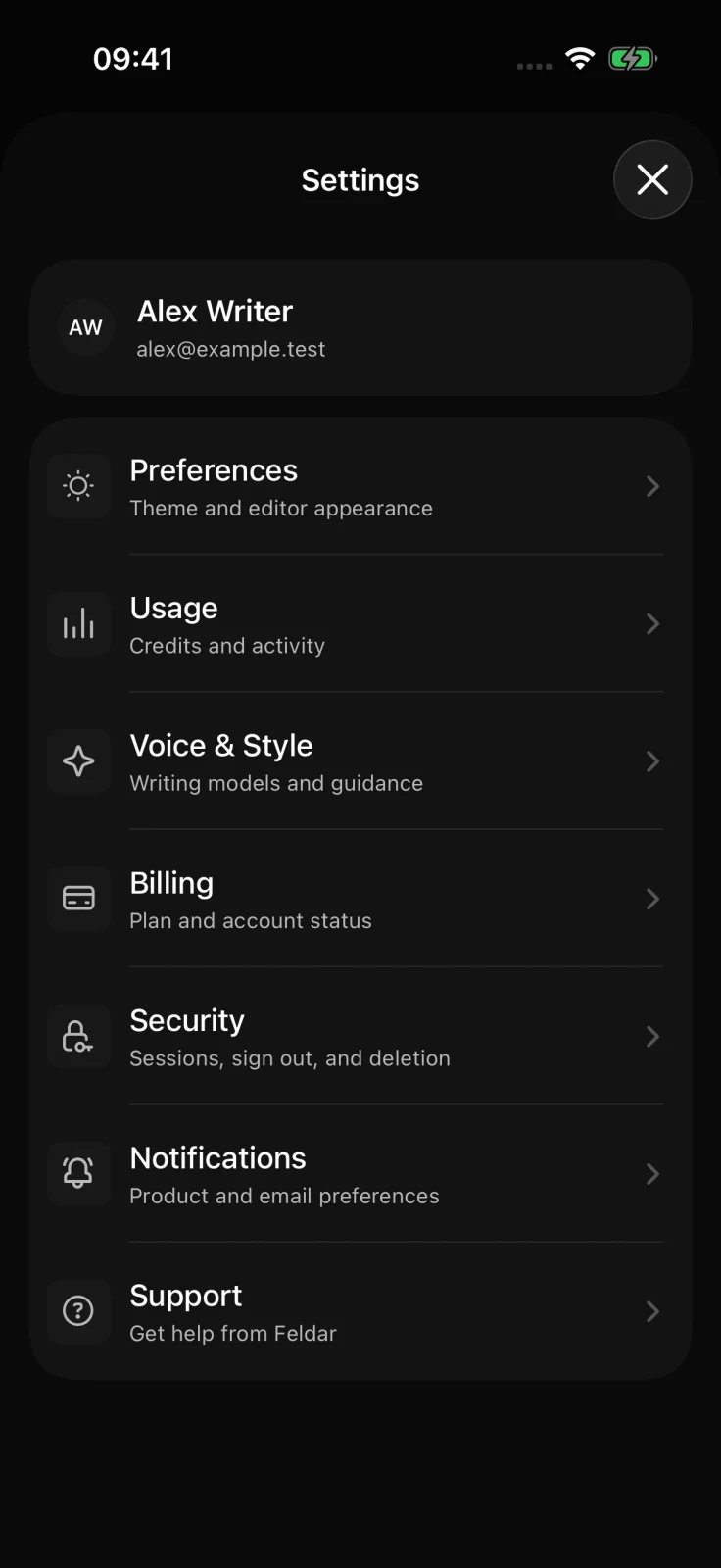 Feldar Settings on an iPhone showing the signed-in account and Preferences, Usage, Voice and Style, Billing, Security, Notifications, and Support sections