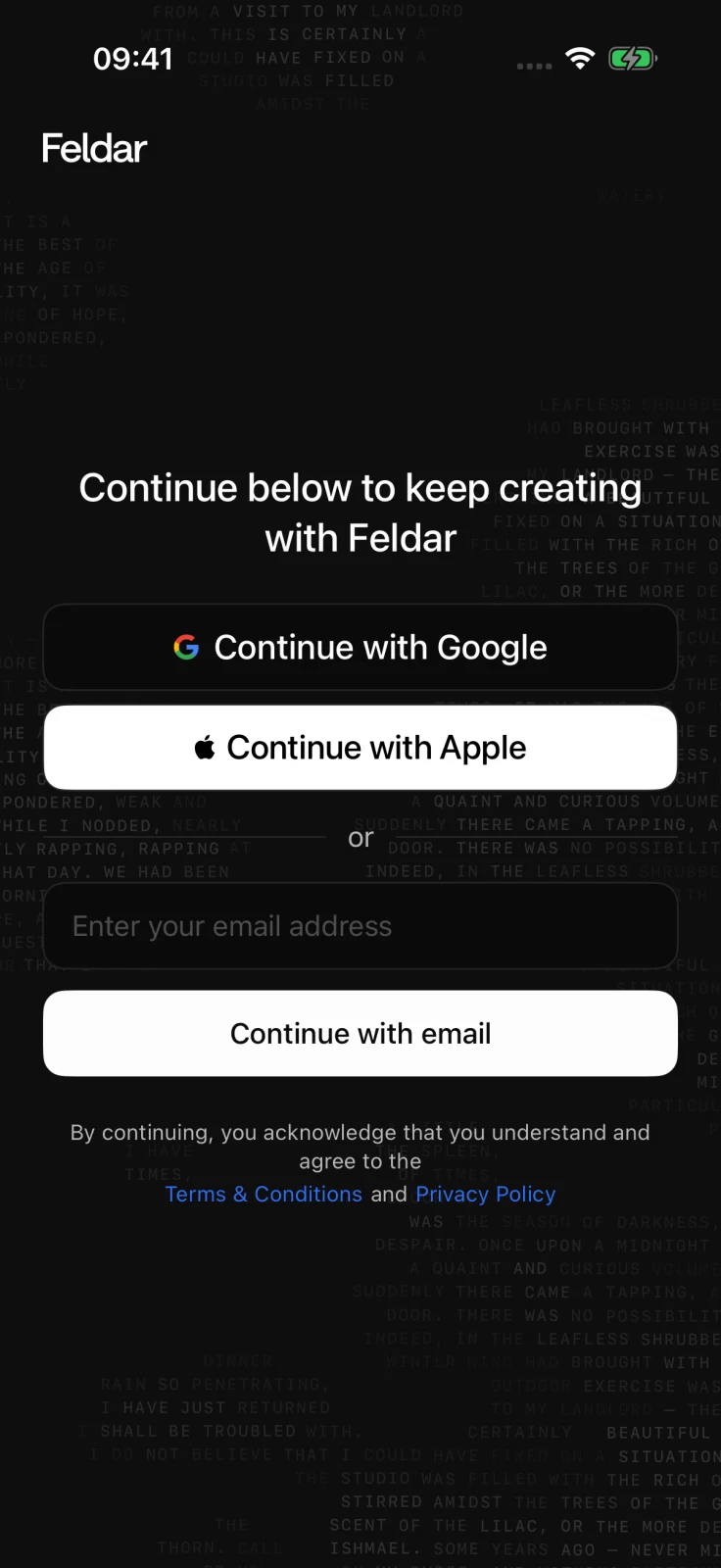 Feldar's dark mobile sign-in screen with Google, Apple, and email options